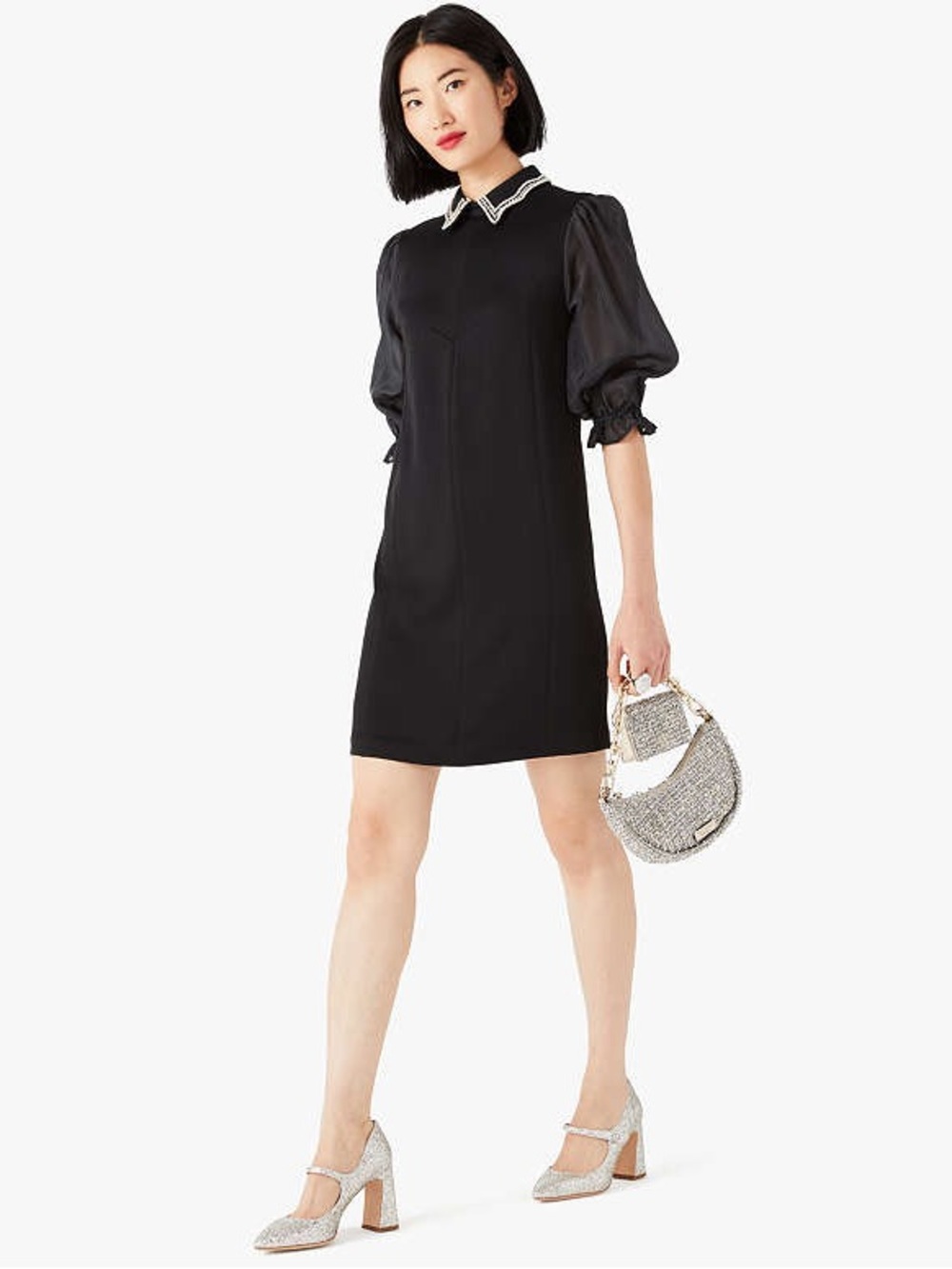 Kate Spade Black Embellished Collar Shirtdress with Puff Sleeves